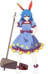  1girl ambiguous_red_liquid animal_ears baba_(baba_seimaijo) blue_dress blue_hair closed_mouth crescent_print dress earclip full_body hand_on_own_hip highres holding holding_mallet kine long_hair looking_at_viewer mallet print_dress puffy_short_sleeves puffy_sleeves rabbit_ears rabbit_girl red_eyes second-party_source seiran_(touhou) short_sleeves simple_background smile solo star_(symbol) star_print touhou transparent_background 