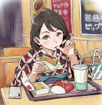  1girl black_hair brown_eyes burger eating finger_in_own_mouth food holding holding_burger holding_food indoors japanese_clothes kimono looking_up mcdonald's minato_fumi short_hair solo 