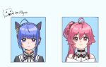  2girls ahoge artist_name assault_lily belt_buckle belt_collar black_bow black_collar blue_background blue_eyes blue_hair blunt_bangs bow braid buckle chinese_commentary closed_mouth collar commentary_request crown_braid hair_between_eyes hair_bow hair_ornament heterochromia high_side_ponytail highres long_hair looking_at_viewer mechanical_ears multiple_girls multiple_views nagasaka_maho neck_ribbon off_shoulder pink_eyes pink_hair portrait purple_eyes rabbit_hair_ornament ribbon school_uniform shirt side_braids side_ponytail simple_background sleeveless sleeveless_shirt smilllyaa tetsukawa_toa white_shirt yurigaoka_girls_academy_school_uniform 