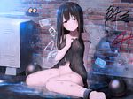  akky_(akimi1127) ball_and_chain_restraint bare_shoulders barefoot black_hair blue_eyes bottomless breasts chain highres long_hair looking_to_the_side medium_breasts navel off_shoulder original rain sitting slave solo stomach wall wet 