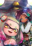  2girls :d bag brown_hair cephalopod_eyes closed_mouth dark_skin day domino_mask fangs floral_print flower gradient_hair green_eyes green_hair green_kimono hair_flower hair_ornament hands_together headphones highres hime_(splatoon) holding holding_bag iida_(splatoon) japanese_clothes kashu_(hizake) kimono lens_flare long_hair long_sleeves looking_at_viewer mask medium_hair mole mole_under_mouth multicolored_hair multiple_girls obi octarian open_mouth outdoors own_hands_together pink_hair pink_kimono pink_pupils print_kimono print_obi red_flower sash short_eyebrows shrine smile sparkle splatoon_(series) splatoon_2 suction_cups sunlight tentacle_hair tree white_flower white_hair yellow_eyes 