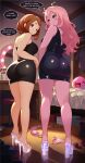  2girls absurdres alt_text artist_name ashido_mina ass bare_shoulders black_dress black_sclera blush blush_stickers bojerry_art boku_no_hero_academia bra breasts brown_eyes brown_hair colored_sclera colored_skin dress english_commentary english_text from_behind full_body high_heel_sandals high_heels highres horns indoors long_hair looking_at_viewer looking_back medium_hair multiple_girls panties pink_hair pink_skin platform_heels platform_sandals sandals slime_rancher smile speech_bubble strapless strapless_dress underwear unworn_clothes uraraka_ochaco yellow_eyes yellow_horns 