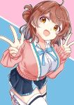  1girl ahoge blue_background blue_ribbon blue_skirt blush breasts brown_eyes brown_hair cardigan commentary cowboy_shot double_w gakuen_idolmaster hair_bun hanami_ume hatsuboshi_gakuen_school_uniform highres idolmaster large_breasts layered_skirt long_sleeves looking_at_viewer mono9ron neck_ribbon open_mouth pink_background pink_cardigan pink_shoes ribbon school_uniform shirt shoes skirt sleeves_past_wrists smile sneakers solo standing standing_on_one_leg thighhighs two-tone_background w white_shirt white_thighhighs zettai_ryouiki 