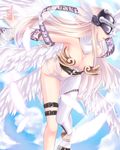  angel_wings angewomon anklet asymmetrical_clothes bare_shoulders belt bent_over blonde_hair breasts digimon digimon_adventure feathers head_wings helmet highres jewelry large_breasts long_hair multiple_wings parted_lips revealing_clothes single_pantsleg sky solo thigh_strap torachiyo_nagao wings 