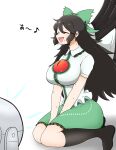  1girl bird_wings black_hair black_socks black_wings bow breasts cape chest_eye commentary_request electric_fan full_body green_bow green_skirt hair_bow highres large_breasts long_hair musical_note open_mouth reiuji_utsuho shirabito193 shirt short_sleeves simple_background skirt smile socks solo touhou triangle_print white_background white_cape white_shirt wings 