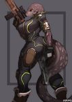  big_breasts boots breasts butt butt_pose clothed clothing female footwear gun handgun holding_object holding_weapon huge_breasts pistol ranged_weapon red_sclera reptile rifle scalie schewiener signature slit_pupils snake solo weapon yellow_eyes 