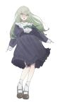  1girl :d absurdres bang_dream! bang_dream!_it's_mygo!!!!! black_dress black_shoes collarbone commentary dress empty_eyes false_smile frilled_dress frills full_body green_hair highres long_hair long_sleeves mary_janes medium_dress mortis_(bang_dream!) mortis_(persona)_(bang_dream!) open_mouth peke_(pekeiscat) shoes sleeves_past_wrists smile socks solo standing wakaba_mutsumi white_socks yellow_eyes 