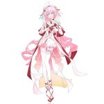  1girl beretta_92 breasts commentary diamond-shaped_pupils diamond_(shape) dress earrings elf elysia_(hi_love_elf)_(honkai_impact) elysia_(honkai_impact) four-finger_heart_hands gun handgun heart heart_earrings heart_hands highres honkai_(series) honkai_impact_3rd jewelry long_hair looking_at_viewer medium_breasts multicolored_hair pink_hair pointy_ears purple_eyes red_dress ria_jina simple_background smile solo symbol-shaped_pupils thighhighs two-tone_dress two-tone_hair very_long_hair weapon white_background white_dress white_hair white_thighhighs 