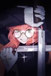  1girl absurdres alexander_anderson alexander_anderson's_pose alexander_anderson_(cosplay) baichu_(83216) bayonet commentary cosplay cross cross_necklace crossed_weapons dual_wielding glasses gloves grin hellsing highres holding ishmael_(project_moon) jewelry limbus_company long_hair looking_at_viewer necklace orange_hair project_moon round_eyewear sidelocks smile solo very_long_hair weapon white_gloves 