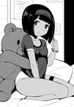  bangs blunt_bangs blush bracelet breasts collarbone covered_nipples dark_skin greyscale head_tilt headband highres jewelry looking_at_viewer monochrome no_shoes original panties parted_lips pillow playing_with_own_hair seiza shirt short_sleeves sitting small_breasts socks solo stuffed_animal stuffed_toy teddy_bear toy_box-r underwear 