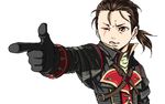  1boy artist_request assassin&#039;s_creed assassin&#039;s_creed:_rogue assassin&#039;s_creed_(series) black_gloves black_hair brown_eyes chibi gloves male_focus oekaki pointing scar shay_patrick_cormac simple_background uniform upper_body white_background 