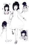  1girl casual closed_eyes commentary_request crying dress eating food from_behind fruit fubuki_(kancolle) full_body greyscale holding holding_food holding_fruit kantai_collection ma_rukan monochrome multiple_views musical_note open_mouth ponytail profile sandals short_hair short_ponytail sidelocks simple_background smile upper_body watermelon white_background 