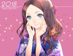  bangs blue_eyes blue_kimono brown_hair closed_mouth english fate/grand_order fate_(series) floral_background floral_print flower forehead hair_flower hair_ornament hair_over_shoulder hair_ribbon hands_on_own_cheeks hands_on_own_face hands_up happy_new_year japanese_clothes kimono leonardo_da_vinci_(fate/grand_order) lips long_hair long_sleeves low-tied_long_hair new_year p-kana parted_bangs pink_background print_kimono red_ribbon ribbon smile solo sparkle upper_body yukata 