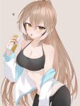  1girl absurdres armpit_crease black_bra bra breasts brown_background brown_eyes brown_hair cleavage cowboy_shot dolphin_shorts drink_carton drinking_straw groin highres hololive hololive_english jacket juice_box linea_alba long_hair looking_at_viewer midriff motion_lines nanashi_mumei narukahana navel open_clothes open_jacket owl_girl saliva saliva_trail shorts sports_bra sportswear sweat tongue tongue_out underwear virtual_youtuber waistband 