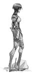  1girl android commentary_request elster_(signalis) from_side full_body greyscale gun highres holding holding_gun holding_weapon jeonjin_(mynamebazin) korean_commentary looking_ahead monochrome profile short_hair signalis simple_background skin_seams solo standing weapon white_background 