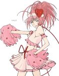  1girl absurdres amulet_heart armlet bare_shoulders blush commentary_request crop_top frilled_armlet hand_on_own_hip highres hinamori_amu holding holding_pom_poms jewelry leg_warmers looking_at_viewer looking_back magical_girl neck_ribbon one_eye_closed pink_eyes pom_pom_(cheerleading) ponytail ran_(shugo_chara!) revision ribbon shugo_chara! sidelocks signature simple_background skirt smile solo visor_cap white_background yuxx00xxx 