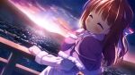 1girl bow braid brown_hair brown_hat capelet closed_eyes coat dutch_angle from_behind fur-trimmed_capelet fur-trimmed_coat fur_trim game_asset gloves hair_bow hair_intakes half_up_braid hat hinata_nao hoshimi_yuki long_hair looking_at_viewer looking_back mountain non-web_source outdoors pink_gloves post_and_rail_fence purple_capelet scarf sky smile standing sunrise town white_bow white_coat white_scarf yuuwaku_scramble 