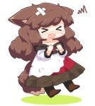  >_< 1girl animal_ears bebeneko blush boots brooch brown_boots brown_hair commentary_request crossed_bandaids crying dress fang full_body imaizumi_kagerou jewelry long_hair off-shoulder_dress off_shoulder open_mouth skin_fang solo squiggle tail torn_clothes touhou white_background white_dress wolf_ears wolf_girl wolf_tail 