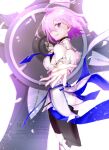  1girl absurdres ahoge aquact armor armored_dress bare_shoulders black_pantyhose blue_ribbon blush boots breasts dress fate/grand_order fate_(series) gauntlets glint hair_over_one_eye highres holding holding_shield large_breasts looking_at_viewer looking_back lord_camelot_(fate) mash_kyrielight mash_kyrielight_(paladin) open_mouth outstretched_arm pantyhose pink_hair purple_eyes purple_hair reaching reaching_towards_viewer ribbon shield short_hair smile solo thigh_strap watermark white_armor white_background white_dress 