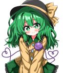  1girl absurdres black_hat blush bow bright_pupils buttons closed_mouth collared_shirt commentary diamond_button disembodied_linked_eye eyeball floral_print frilled_shirt_collar frilled_sleeves frills green_eyes green_hair green_skirt hair_between_eyes hat hat_bow heart heart_of_string highres komeiji_koishi lolipop_bomb long_hair long_sleeves looking_at_viewer print_skirt rose_print shirt simple_background skirt smile solo touhou white_background white_pupils wide_sleeves yellow_bow yellow_shirt 