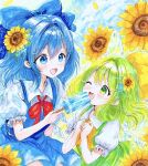  2girls alternate_color blue_bow blue_dress blue_eyes blue_hair bow cirno collared_shirt commentary_request daiyousei detached_wings dress fairy fairy_wings falling_petals feeding flower food green_dress green_eyes green_hair hair_bow hair_flower hair_ornament holding holding_food holding_popsicle ice ice_wings long_hair mokomilk_0914 multiple_girls one_eye_closed open_mouth petals pinafore_dress popsicle puffy_short_sleeves puffy_sleeves shirt short_sleeves sleeveless sleeveless_dress smile sunflower touhou traditional_media white_shirt wings yellow_bow yellow_flower yellow_petals 