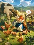  1girl animal_on_head arknights arm_pillow baby_animal bagpipe_(arknights) bagpipe_(echo_of_bagpipes)_(arknights) basket bird bird_on_head black_boots blunt_bangs boots braid braided_twintails cake cake_slice chick chicken closed_eyes commentary cow dragon_girl dragon_horns dreaming dress drooling ear_tag egg farm fence food forward-facing_horns frilled_dress frills full_body grasslands hat head_on_arm highres horns knees_to_chest knees_up long_dress long_hair long_sleeves low_twin_braids mouth_drool official_alternate_costume official_alternate_hairstyle on_head orange_hair pinafore_dress purple_horns qinglai_haiji red_socks sitting sleeping sleeveless sleeveless_dress socks solo speech_bubble squirrel straw_hat thought_bubble tit_(bird) twin_braids very_long_hair white_dress wooden_fence 