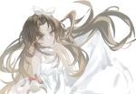  1girl aimer_aw blue_eyes bracelet brown_hair commentary dress flower_bracelet hair_ribbon highres jewelry lily_(morimens) long_hair looking_at_viewer morimens ribbon simple_background smile solo white_background white_dress white_ribbon 