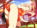  1girl animal_print architecture ass ass_focus bent_over bird_print black_panties black_shoes blonde_hair blue_sky china_dress chinese_clothes clothes_between_thighs cloud day dress dutch_angle east_asian_architecture from_behind game_asset grin hand_on_railing hand_up imminent_attack imminent_kick lantern long_hair looking_at_viewer looking_back motion_lines official_art panties pantyshot paper_lantern print_dress red_dress red_eyes senran_kagura senran_kagura_new_link shoes sky smile solo souji_(senran_kagura) speed_lines thighs tree underwear 