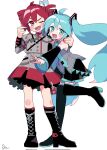  2girls :d ahoge aqua_eyes aqua_hair aqua_nails aqua_necktie aqua_trim arm_on_another's_shoulder black_boots black_skirt boots buttons commentary_request corrupted_twitter_file detached_sleeves double-parted_bangs grey_jacket grey_shirt hair_between_eyes hair_ornament hatsune_miku headset highres jacket kasane_teto kasane_teto_(sv) knee_boots kusunokimizuha lace-up_boots long_hair multicolored_eyes multiple_girls necktie one_eye_closed open_hands open_mouth outstretched_arms pleated_skirt pointing red_eyes red_hair red_nails red_skirt red_trim ribbon shirt short_hair shoulder_belt signature simple_background skirt sleeveless sleeveless_shirt smile synthesizer_v thigh_boots two-tone_eyes utau vocaloid white_background white_ribbon wide_sleeves zettai_ryouiki 