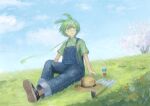  1girl alternate_costume black_shoes blue_overalls blue_sky bottle cloud commentary_request day expressionless full_body grass green_hair green_shirt hat highres hoe kashigi_oekaki long_hair looking_afar low_ponytail napkin open_mouth outdoors overalls ponytail shirt shoes short_sleeves sitting sky solo sun_hat tree unworn_hat unworn_headwear voicevox water_bottle yellow_eyes zundamon 