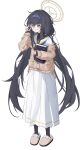  1girl absurdres adjusting_eyewear black_hair black_shirt blue_archive blue_eyes blue_hairband blue_neckerchief blue_ribbon book brown_cardigan brown_halo brown_slippers cardigan commentary_request full_body glasses hair_ribbon hairband halo highres holding holding_book jewelry long_hair long_skirt long_sleeves low_twintails neckerchief open_mouth pendant pleated_skirt ribbon round_eyewear sailor_collar shirt simple_background skirt sleeves_past_wrists slippers solo twintails ui_(blue_archive) undershirt very_long_hair white_background white_sailor_collar white_shirt white_skirt yellow-framed_eyewear zhuo_lanji 