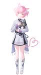  1girl absurdres aemeath_(wuthering_waves) aemeath_(young)_(wuthering_waves) animal_ears boots cat_ears cat_girl cat_tail closed_mouth commentary dress full_body hair_ornament highres holding holding_stuffed_toy kemonomimi_mode long_sleeves open-toe_boots orange_eyes pink_hair short_hair short_twintails simple_background solo standing star-shaped_pupils star_(symbol) stuffed_toy sunyang symbol-shaped_pupils tail twintails white_background white_boots white_dress wuthering_waves 