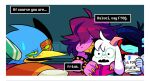  1girl 1other 2boys akanemnon androgynous animal_ears antenna_hair armlet berdly_(dark_world)_(deltarune) berdly_(deltarune) bird_boy black_hair blue_skin bracelet censored_profanity closed_mouth colored_sclera colored_skin comedic_sweatdrop commentary deltarune english_commentary english_text fangs furry furry_female furry_male glasses green-framed_eyewear green_sclera hair_over_eyes horns jewelry kris_(dark_world)_(deltarune) kris_(deltarune) long_hair looking_at_another multiple_boys open_mouth pink_scarf purple_hair purple_skin ralsei reptile_girl round_eyewear scarf shaded_face skin_fangs spiked_armlet spiked_bracelet spikes susie_(dark_world)_(deltarune) susie_(deltarune) utdr_(toby_fox) 