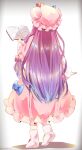  1girl blue_bow book boots bow commentary_request dress facing_away from_behind hat highres holding holding_book long_hair long_sleeves mob_cap patchouli_knowledge pink_boots pink_dress pink_hat purple_hair ramudia_(lamyun) shadow solo standing touhou twitter_username very_long_hair white_background 