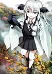  1girl autumn_leaves bird bird_on_hand black_cardigan black_necktie black_skirt blush_stickers brown_shoes cardigan collared_shirt commentary_request fog forest full_body giba_ryan half-closed_eyes haori head_wings japanese_clothes leaf loafers long_hair long_sleeves looking_at_viewer low-tied_sidelocks nature necktie on_tree original outdoors pleated_skirt shirt shoes sidelocks skirt smile solo white_haori white_shirt wings yellow_eyes yuigesa 
