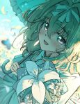  1girl absurdres antenna_hair blonde_hair bow commentary dress flower hair_intakes hair_ornament highres holding holding_flower lily_(flower) long_hair looking_at_viewer meitantei_precure! moria_luluka o0elnc parasol precure smile solo umbrella white_flower white_lily 