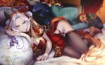  1girl alternate_costume animal_ears blue_eyes breasts bun_cover chinese_clothes cleavage_cutout closed_mouth clothing_cutout colored_bangs commentary_request ear_covers garter_straps groin highres horse_ears horse_girl long_hair moire multicolored_hair no_panties on_bed orange_hair orfevre_(umamusume) pillow red_nails solo thighhighs two-tone_hair umamusume watermark white_hair yue_(lov_n_n) 