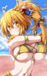  1girl absurdres arisa_(g_(genesis1556)) blonde_hair breasts claws cleavage collarbone commentary_request cosplay dragon_girl dragon_horns g_(genesis1556) hair_between_eyes headband highres horns large_breasts long_hair looking_at_viewer monster_girl navel orca original ponytail ryu_(street_fighter) ryu_(street_fighter)_(cosplay) shark shouryuuken street_fighter swimsuit underboob uppercut yellow_eyes 