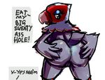  2018 amelia_(animal_crossing) animal_crossing anthro anus avian beak big_butt boiful butt dialogue digital_media_(artwork) english_text feathers female looking_at_viewer looking_back nintendo nude pussy simple_background solo text video_games 