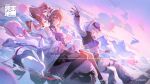  2girls animal_ears ardelia_(arknights) arknights arknights:_endfield aurora_(arknights) bear_ears bear_girl black_thighhighs blue_eyes blue_sports_bra chinese_commentary commentary_request copyright_logo copyright_notice cropped_jacket eyjafjalla_(arknights) fingerless_gloves gloves goggles goggles_on_head highres horns little_black_sheep_(arknights) logo long_hair long_sleeves looking_at_viewer mountain multiple_girls official_art open_mouth outdoors parted_lips pink_eyes riding sheep sheep_ears sheep_girl sheep_horns short_hair ski_goggles smile snow snowcake47 snowshine_(arknights) sports_bra thighhighs white_hair 