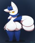  2018 absurd_res anthro big_butt butt feline female hi_res looking_at_viewer looking_back mammal meowstic miso_souperstar nintendo pok&eacute;mon pok&eacute;mon_(species) rear_view red_eyes short_stack solo video_games yellow_sclera 