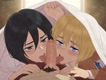  1girl 2boys armin_arlert bisexual_male black_hair blonde_hair blue_eyes eren_yeager fellatio fenqury grey_eyes highres looking_at_viewer male_pubic_hair medium_hair mikasa_ackerman multiple_boys open_mouth oral penis precum pubic_hair saliva shingeki_no_kyojin sweat teeth tongue tongue_out upper_teeth_only veins veiny_penis 