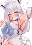  1girl absurdres ahoge animal_ear_piercing animal_ears armpit_focus armpits breasts cleavage commentary_request detached_sleeves earrings fox_ears fox_girl from_side highres hololive jewelry large_breasts long_hair looking_at_viewer navel ponytail shirakami_fubuki shirakami_fubuki_(1st_costume) shirt sideboob single_earring solo tepenchi tongue tongue_out underboob upper_body v virtual_youtuber white_background white_hair white_shirt 