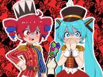  2girls ahoge aqua_eyes aqua_hair belt belt_buckle black_background blue_hair blue_jacket blush bright_pupils buckle candycookiechocolate_(vocaloid) commentary covered_mouth covering_own_mouth dango double-parted_bangs drill_hair english_commentary epaulettes fer_ikari food hair_between_eyes hair_ornament hat hatsune_miku highres jacket kasane_teto kepi military_hat multicolored_hair multicolored_jacket multiple_girls open_mouth patterned_background pov pov_hands red_background red_eyes red_hair red_jacket shaded_face shirt sleeveless sleeveless_shirt synthesizer_v twin_drills twintails two-tone_background two-tone_hair two-tone_jacket utau vocaloid wagashi white_pupils white_wrist_cuffs wrist_cuffs 