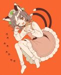  1girl animal_ear_fluff animal_ear_piercing animal_ears bow bowtie brown_eyes brown_hair cat_ears cat_tail chen commentary_request earrings fangs fingernails frilled_skirt frills full_body green_hat hat highres hoop_earrings jewelry long_fingernails long_sleeves looking_at_viewer medium_hair mob_cap mozukuzu_(manukedori) multiple_tails nekomata orange_background orange_nails paw_pose paw_print paw_print_background red_skirt red_vest sharp_fingernails shirt simple_background single_earring skirt socks solo tail touhou two_tails vest white_shirt white_socks yellow_bow yellow_bowtie 