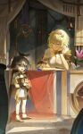  2girls absurdres aglaea_(honkai:_star_rail) animal_ears animal_hood black_hood blonde_hair blue_eyes boots breast_tattoo breasts cat_ears cat_girl cat_hood cipher_(honkai:_star_rail) cipher_(in_pursuit_of_the_wind)_(honkai:_star_rail) cleavage commentary dress english_commentary gladiator_sandals gold_boots gold_tattoo green_eyes grey_hair highres holding holding_boots holding_unworn_clothes honkai:_star_rail honkai_(series) hood large_breasts laurel_crown multiple_girls official_alternate_costume open_mouth penguinbutler sandals short_hair smile tattoo unworn_boots white_dress 