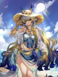  1girl alternate_costume arknights ball beach beachball blonde_hair blue_hair blue_sky breasts closed_mouth cloud cloudy_sky dragon_girl dragon_horns eastern_dragon_horns grey_hair hair_between_eyes hat highres holding holding_ball holding_beachball horns long_hair looking_at_viewer multicolored_hair outdoors pointy_ears sarong shu_(arknights) sky small_breasts smile solo starfish straw_hat sun swimsuit tail water xu0_3_0 yellow_hands 
