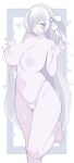  1girl absurdres azur_lane blue_eyes blue_hair blush braid breasts colored_skin commentary_request crown_braid feet_up hair_over_one_eye hair_ribbon heart highres huge_breasts londom_(lonhomewell) long_hair looking_at_viewer multicolored_hair navel nipples open_mouth panties revision ribbon siren_(azur_lane) smile solo stomach streaked_hair tb_(azur_lane) tb_(type-s)_(azur_lane) thighs toes topless_female underwear white_background white_hair white_panties white_ribbon white_skin 