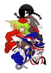  3girls anchor_hat_ornament beret black_eyes black_hair black_pantyhose blue_boots boots bow bowtie braid brown_hair brown_jacket colored_skin creator_connection cross cross_necklace demon_girl demon_horns demon_tail demon_wings funamusea funamusea_(style) genre_connection glasses green_hair green_wings haiiro_teien hair_bow hair_over_one_eye hat hat_ornament highres horn_piercing horns jacket jewelry kurai_yonaka long_hair looking_at_viewer midriff_peek mogeko_castle multiple_girls necklace oounabara_to_wadanohara open_mouth pantyhose plaid_bow plaid_bowtie plaid_clothes pointy_ears red-framed_eyewear red_bow red_bowtie red_eyes red_skirt red_sweater sailor_collar school_uniform semi-rimless_eyewear shirt short_hair single_horn skirt smile sweater tail twin_braids uoyevolidsp wadanohara white_shirt wings witch witch_hat yosafire_(funamusea) 