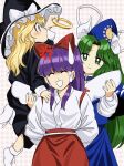  3girls ^_^ absurdres arms_behind_back black_dress blonde_hair blue_capelet blue_hat blue_shirt blue_skirt bow capelet closed_eyes closed_mouth comedic_sweatdrop commentary_request dress green_eyes green_hair hair_bow hakama hakurei_reimu hakurei_reimu_(pc-98) hand_on_another's_shoulder hand_on_another's_wing hat hat_bow highres japanese_clothes kirisame_marisa kirisame_marisa_(pc-98) long_hair long_sleeves miko mima_(touhou) multiple_girls purple_hair red_bow red_hakama shirt skirt smile socks sun_print touhou touhou_(pc-98) turtle-kun very_long_hair white_socks wings witch_hat wizard_hat yellow_eyes 